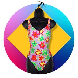 Vintage Daffy Waterwear One Piece Swimsuit Size 11/12 Floral High Cut USA